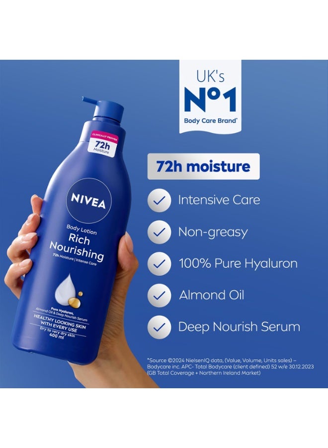 Nivea Rich Nourishing Body Lotion (400ml), Rich 72H Hydration Moisturiser for Dry Skin Made with Deep Moisture Serum and Almond Oil, Intensive Hydration Body Lotion - Image 2